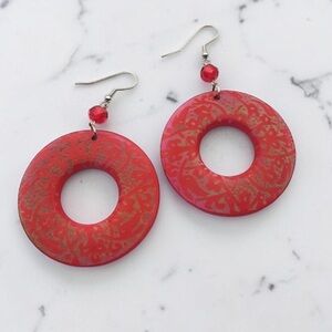 Red Wooden Hoop Statement Earrings | Large Boho Circle Dangle Earrings